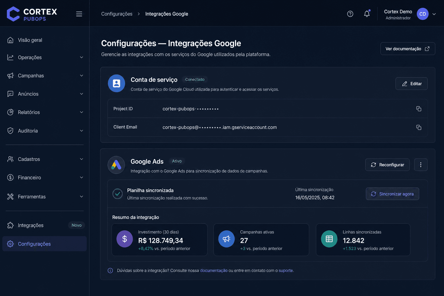 Tela de configurações e integrações Google no Cortex PubOps